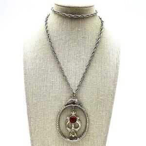 ART Signed Necklace Silver Tone Pendant Red Cabochon Vintage Statement